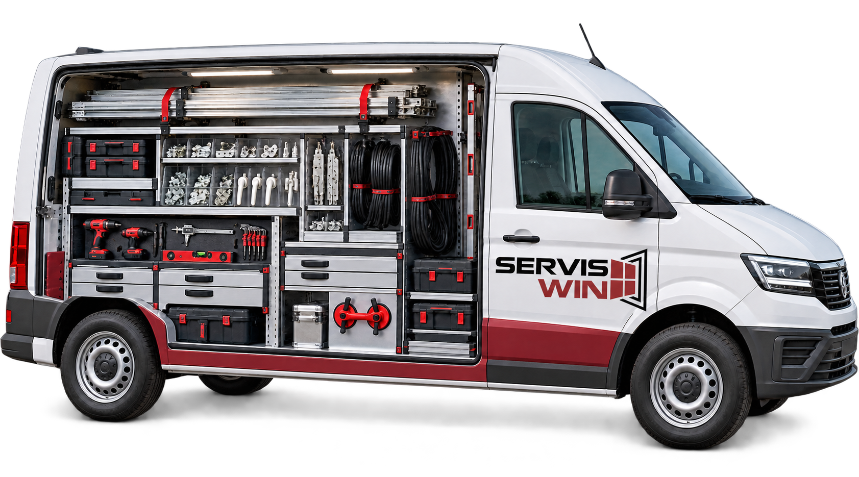 Vizualizace servisního vozu SERVIS WIN s průřezem dílny, nářadím, kováním a těsněním